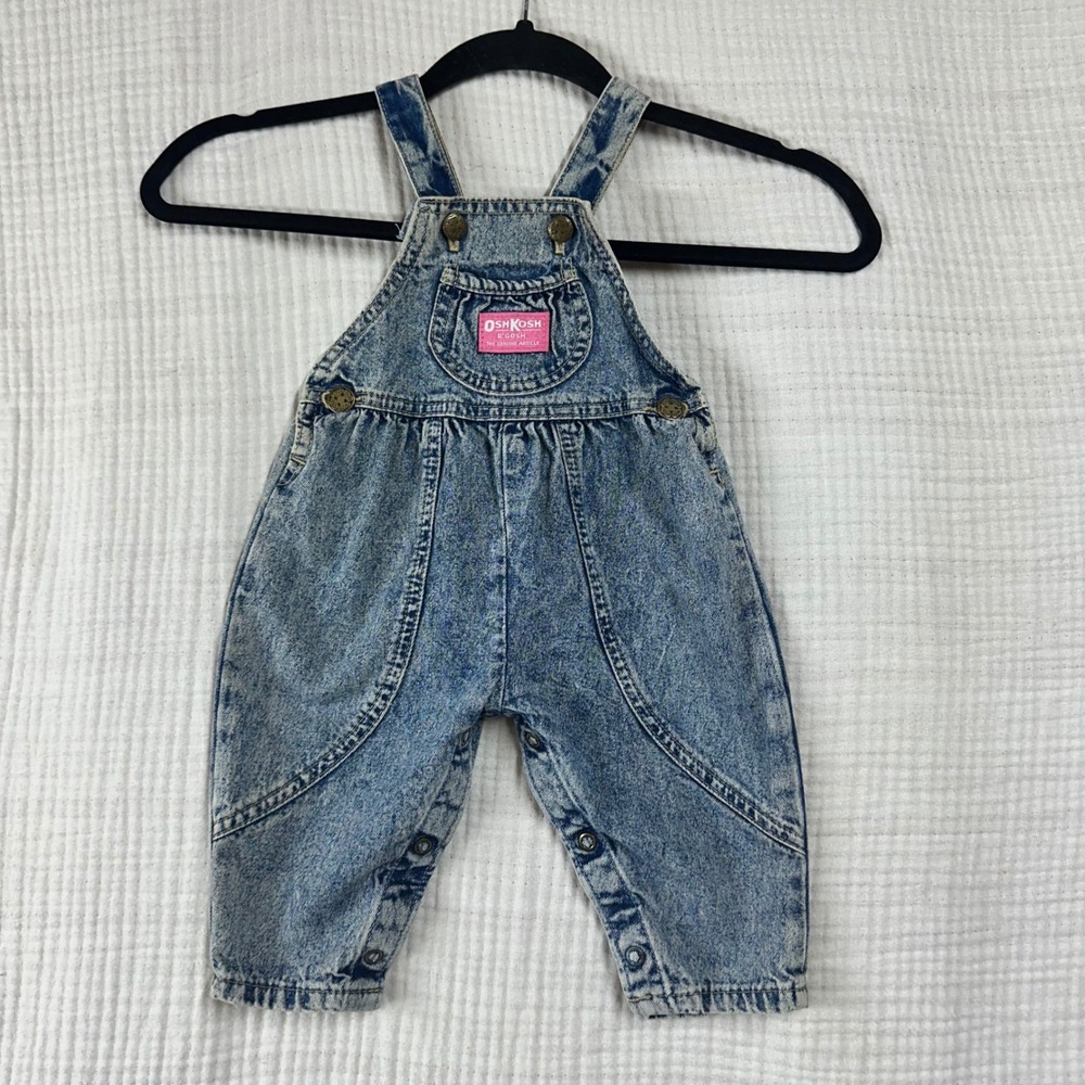 Vtg Oshkosh B'Gosh Vestbak 6-9 M Denim Bib Bubble Romper Overalls USA stone wash